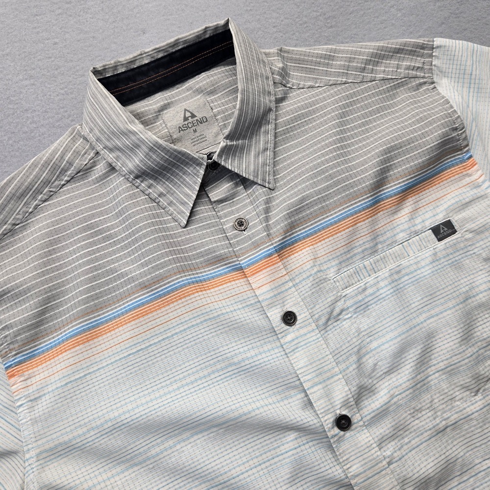 Ascend Mens Short Sleeve Button Down Shirt Medium Grey Blue Orange Striped‎ Hike